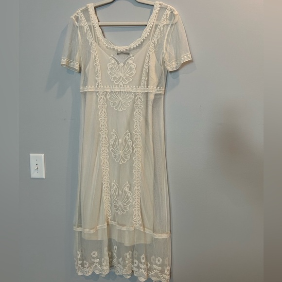 Zara Cream Babydoll Midi Dress Scoop Neck
